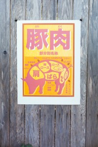 Bacon, ham, salted pork... You name it. We should eat pork everyday! This is an AP listing from our new large (22 x 30 inches) letterpressed poster print series from hand-cut/wood-cut plates on Rives BFK Acid Free Cotton printmaking paper and on chipboard - trying to remind you about the yumminess of some crispy bacon, everyday. Yes. They are all hand carved. We have 3 AP prints with varying degrees of inkings available on either versions (pink/yellow on Rives BFK and yellow/black on chipboard). Words in the print are all in Japanese. Here are translation of each of the words, from the top, left to right: ぶたにく:Pork, Schweinefleisch 豚肉:Pork (in Kanji) 部分別名称:Individual Names シチュー:Stew 焼豚:BBQed Pork 生姜焼き:Ginger Pork かれー:Curry とんかつ:Tonkatsu しゃぶしゃぶ:Shabushabu ソテー:Sauté ヒレカツ:Fillet cutlet 肩:Shoulder 肩 ロース:Shoulder, Roast ロース:Roast ヒレ:Fillet ばら:Ribs もも:Thighs そともも:Outer Thigs 角煮:Kakuni ベーコン:Bacon 酢豚:Sweet and Sour Pork 焼豚:BBQed Pork ひき肉料理:Ground Meat Recipe ボンレスハム:Boneless Ham https://www.etsy.com/listing/173167360 is a multi-color version. https://www.etsy.com/listing/195745817 is the same in red. https://www.etsy.com/172794409 is the same in black Have a craving! FRAMING INFO: All are prints are unframed. The area of the print will fit the standard large frame (like this one from IKEA: http://tinyurl.com/mz95n8v ). You can cut to fit or we can cut the print for you. The photo with the picture frame is a composite for approximation. The appropriate mat window opening dimensions, an inch larger than the IKEA window if you want the ear of the pig to be not too close to the edge: inside W: 20 ¼ " inside H: 28 ¼ " We have three APs pressed on 200M Rives BFK printmaking paper, all cotton acid free. You can see the initial inking of the hand-cut form here: https://vimeo.com/81562178