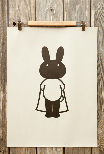 Super Bunny woodblock letterpress on newsprint